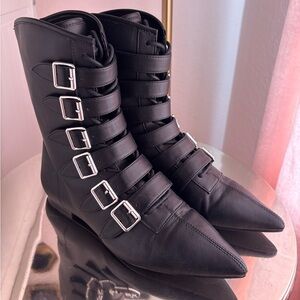Black Buckle Strap Ankle Boots